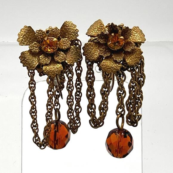 Miriam Haskell Vintage Signed Amber Crystal Floral Screw Back Chain Drop Earring - Picture 1 of 9